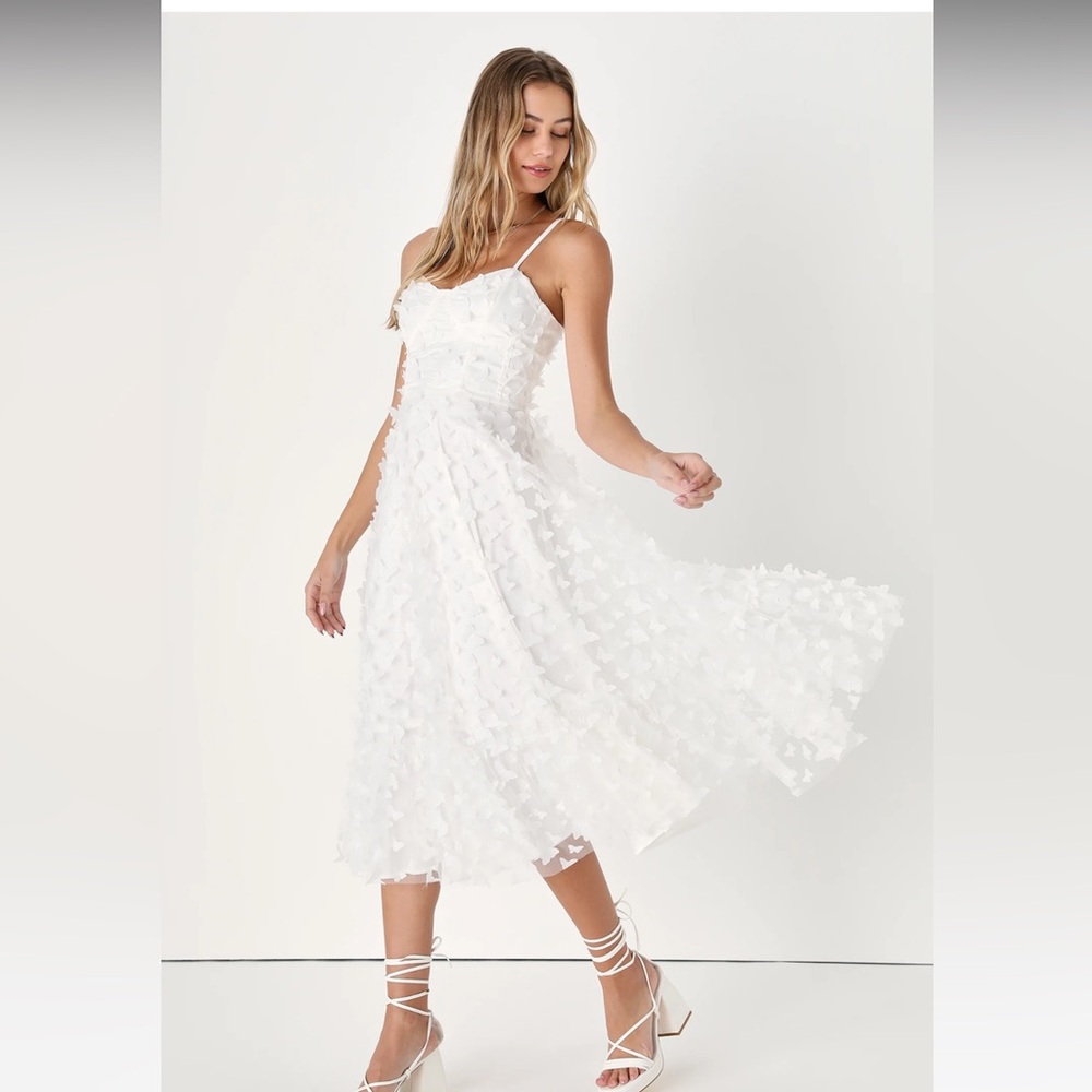 Lulus Time to Fly White Butterfly Lace Up Midi Dress